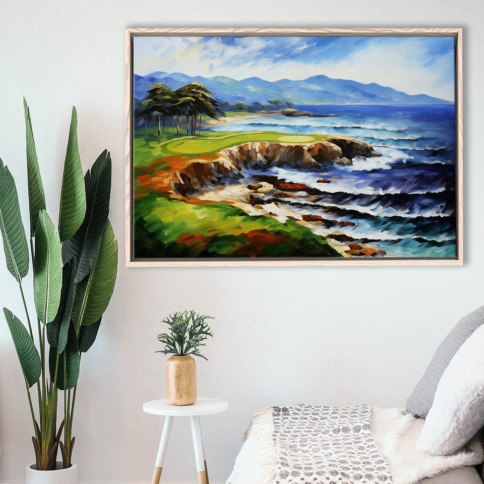 Pebble Beach Golf Links Aerial Art Painting V1, Framed Canvas Prints Wall Art Decor, Floating Frame