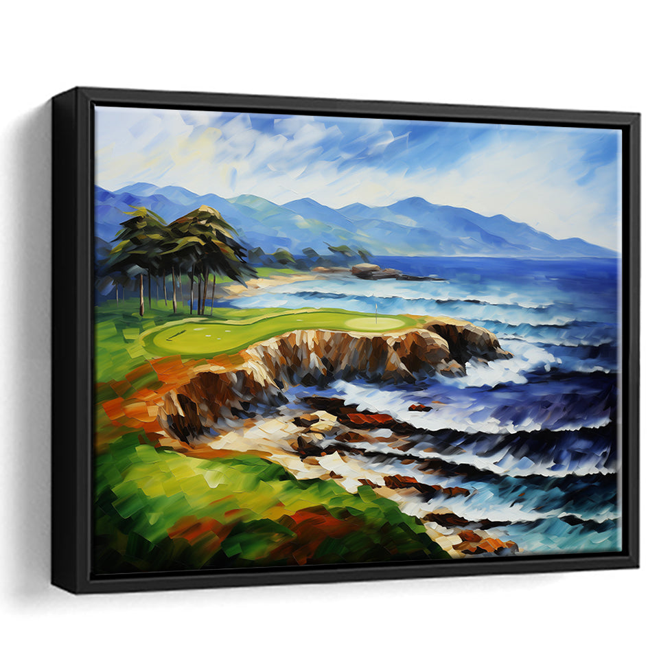 Pebble Beach Golf Links Aerial Art Painting V1, Framed Canvas Prints Wall Art Decor, Floating Frame