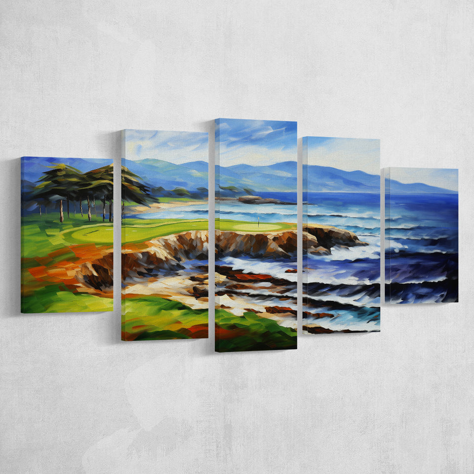 Pebble Beach Golf Links Aerial Art Painting V1 Mixed 5 Panel Large Canvas Prints Wall Art Decor