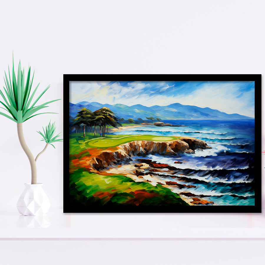 Pebble Beach Golf Links Aerial Art Painting V1 Framed Art Prints Wall Decor, Framed Painting Art