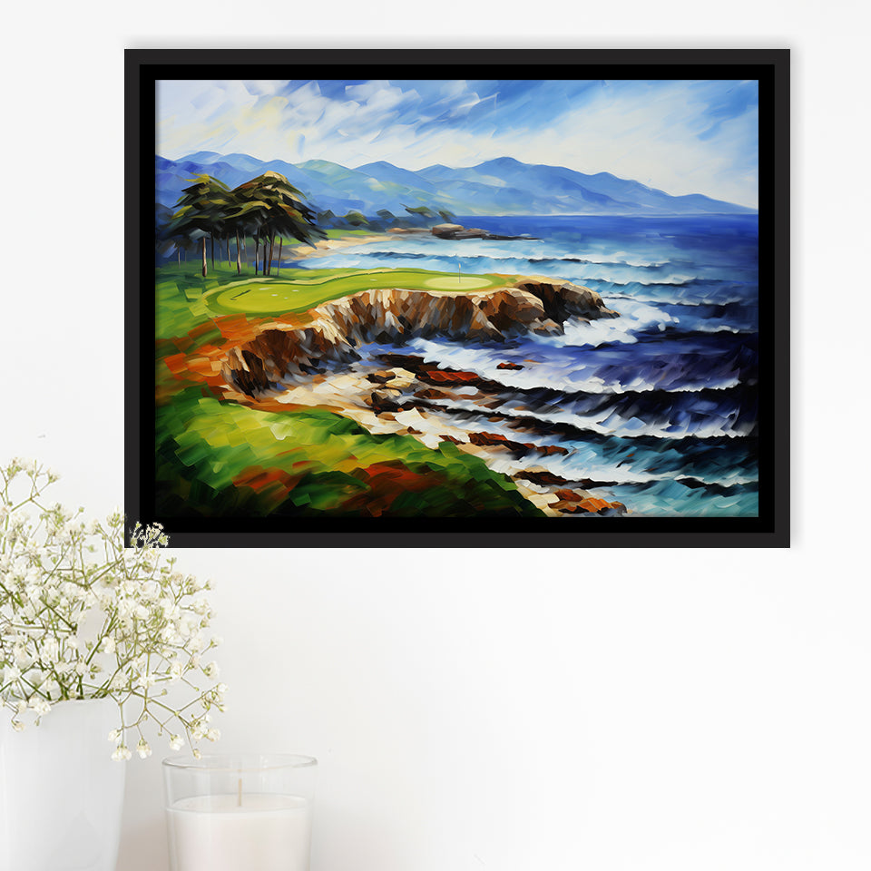 Pebble Beach Golf Links Aerial Art Painting V1, Framed Canvas Prints Wall Art Decor, Floating Frame