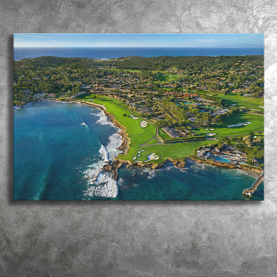 Pebble Beach Golf Links Aerial Hole 17 & 18, Welcome Home, Pebble Beach, California, Golf Art Print, Canvas Prints Wall Art
