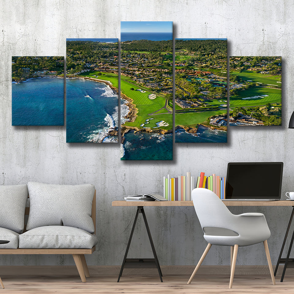 Pebble Beach Golf Links Aerial Hole 17 & 18, Pebble Beach, California, Golf Art Print, 5 Panels Canvas Prints Wall Art Decor