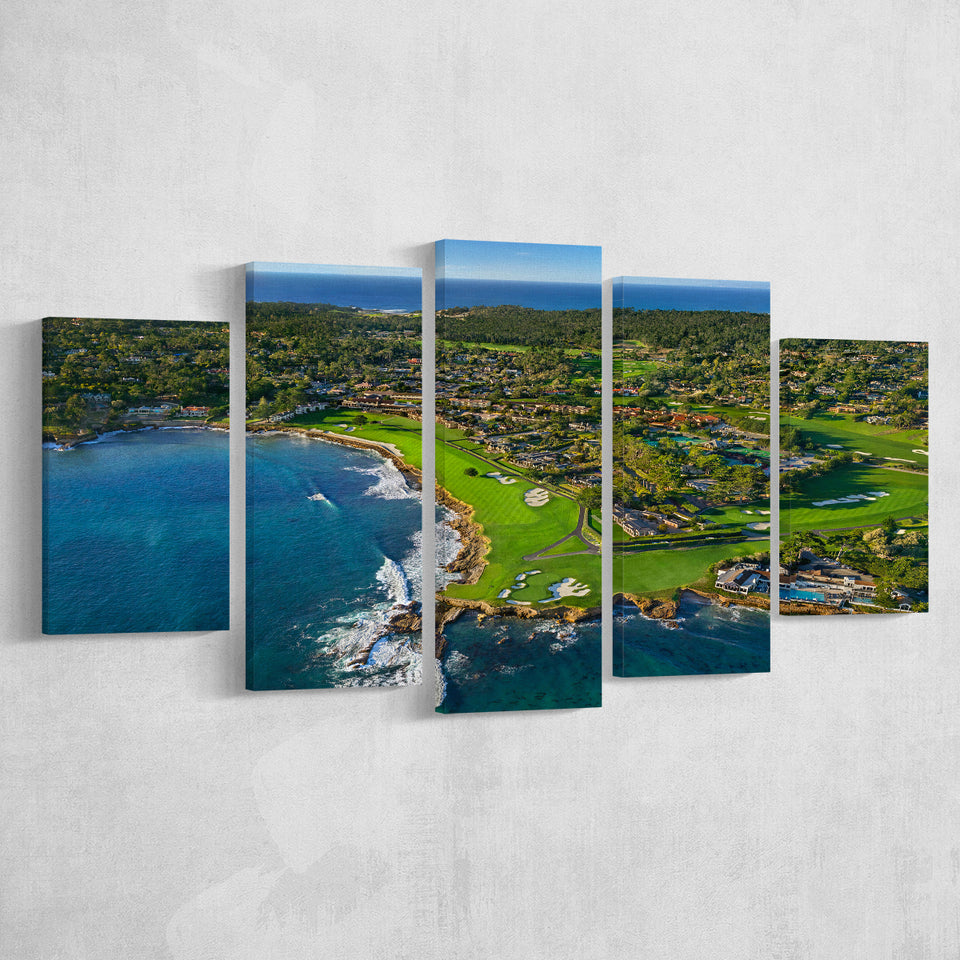 Pebble Beach Golf Links Aerial Hole 17 & 18, Pebble Beach, California, Golf Art Print, 5 Panels Canvas Prints Wall Art Decor