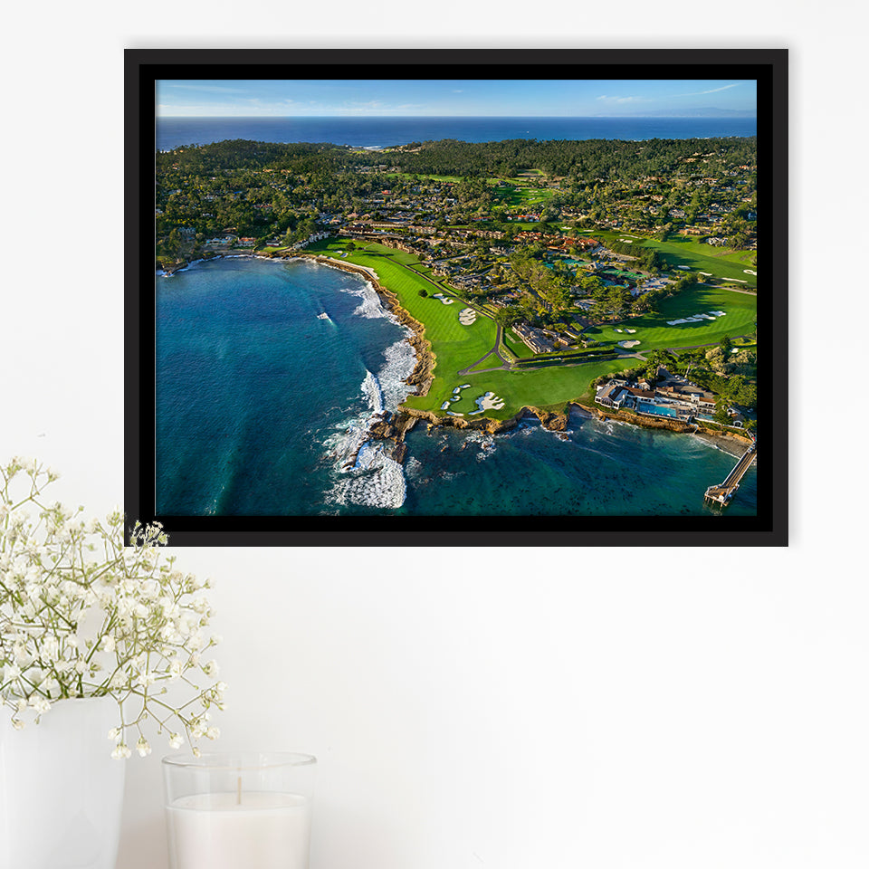 Pebble Beach Golf Links Aerial Hole 17 & 18, Welcome Home, Pebble Beach, California, Framed Canvas Prints Wall Art Decor