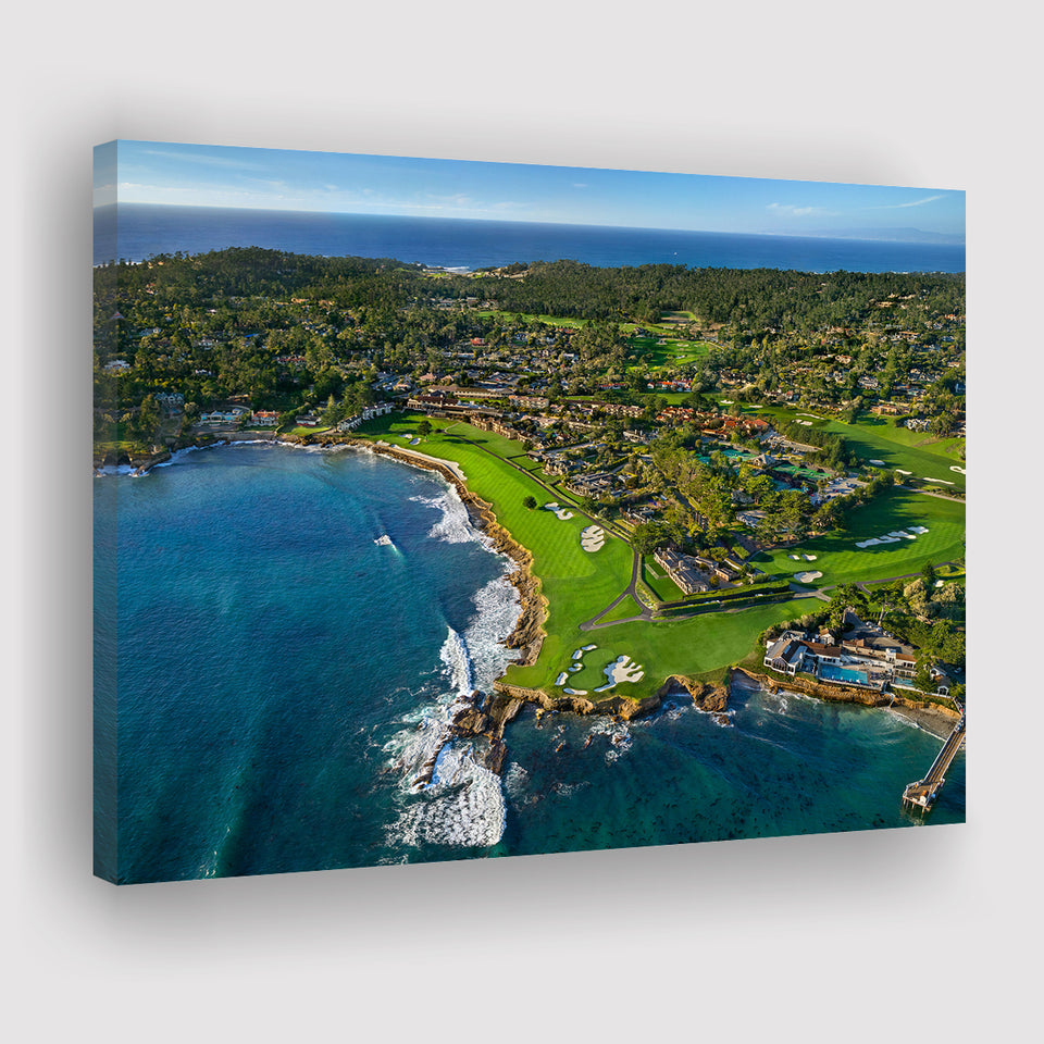 Pebble Beach Golf Links Aerial Hole 17 & 18, Welcome Home, Pebble Beach, California, Golf Art Print, Canvas Prints Wall Art
