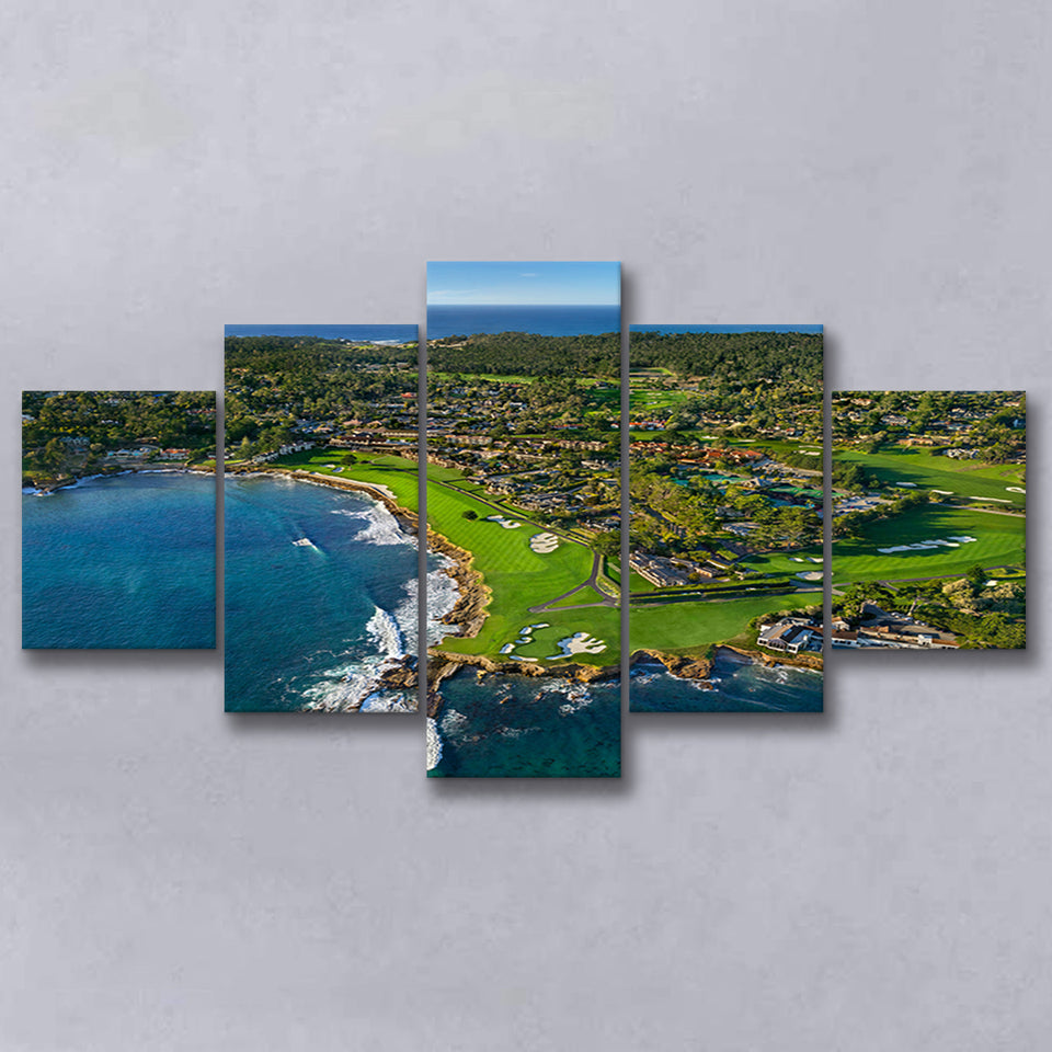 Pebble Beach Golf Links Aerial Hole 17 & 18, Pebble Beach, California, Golf Art Print, 5 Panels Canvas Prints Wall Art Decor