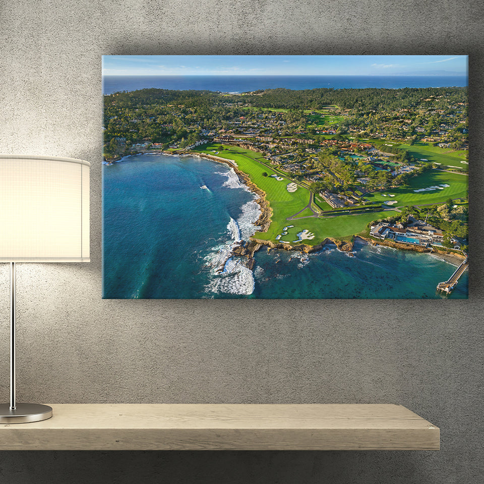 Pebble Beach Golf Links Aerial Hole 17 & 18, Welcome Home, Pebble Beach, California, Golf Art Print, Canvas Prints Wall Art