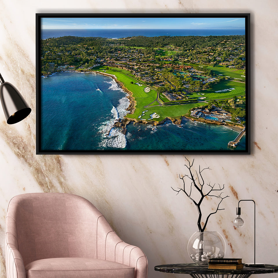 Pebble Beach Golf Links Aerial Hole 17 & 18, Welcome Home, Pebble Beach, California, Framed Canvas Prints Wall Art Decor