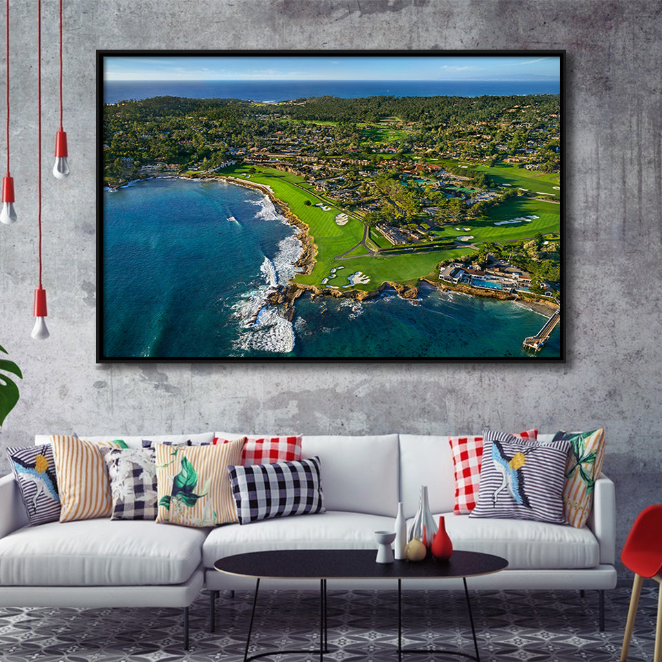 Pebble Beach Golf Links Aerial Hole 17 & 18, Welcome Home, Pebble Beach, California, Framed Canvas Prints Wall Art Decor