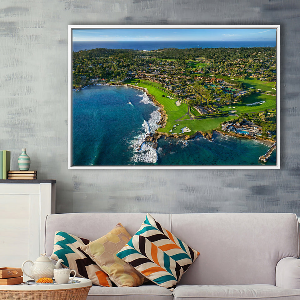 Pebble Beach Golf Links Aerial Hole 17 & 18, Welcome Home, Pebble Beach, California, Framed Canvas Prints Wall Art Decor