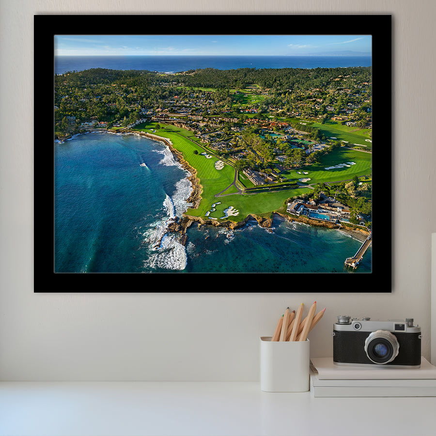 Pebble Beach Golf Links Aerial Hole 17 & 18, Welcome Home, Pebble Beach, California, Golf Sport Print, Framed Art Prints Home Decor