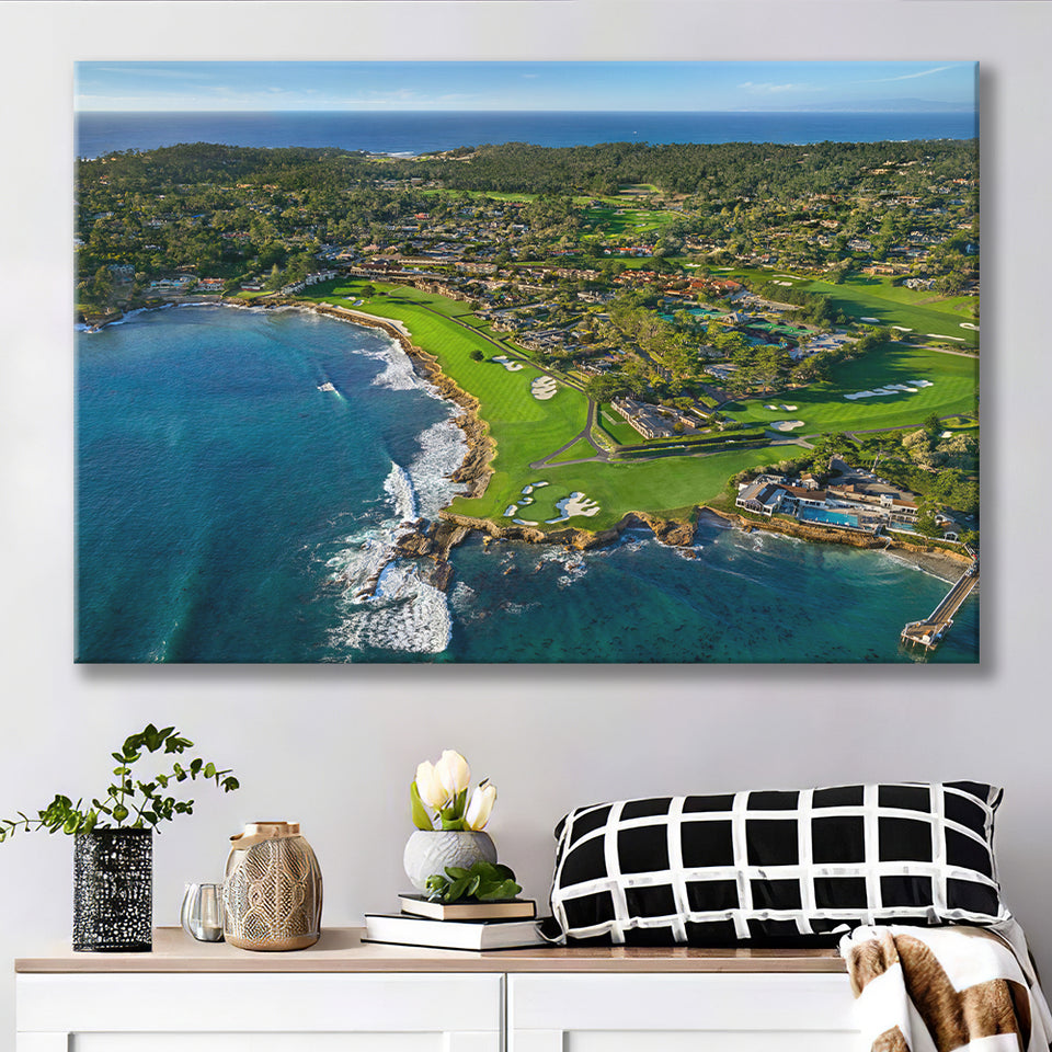 Pebble Beach Golf Links Aerial Hole 17 & 18, Welcome Home, Pebble Beach, California, Golf Art Print, Canvas Prints Wall Art