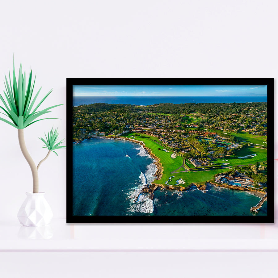 Pebble Beach Golf Links Aerial Hole 17 & 18, Welcome Home, Pebble Beach, California, Golf Sport Print, Framed Art Prints Home Decor