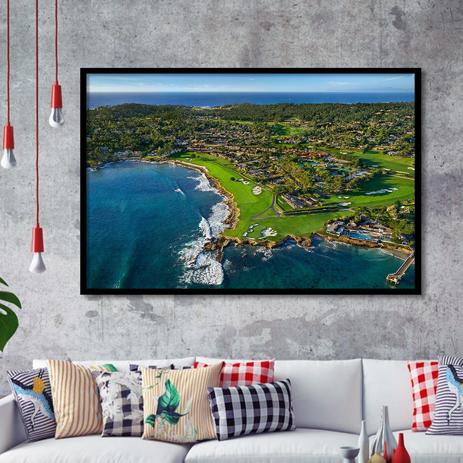 Pebble Beach Golf Links Aerial Hole 17 & 18, Welcome Home, Pebble Beach, California, Golf Sport Print, Framed Art Prints Home Decor