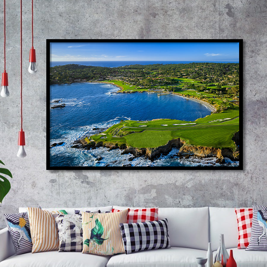 Pebble Beach Golf Links Aerial Hole 7 & 8, Arrowhead Point, Pebble Beach, California, Golf Sport Print, Framed Art Prints Home Decor