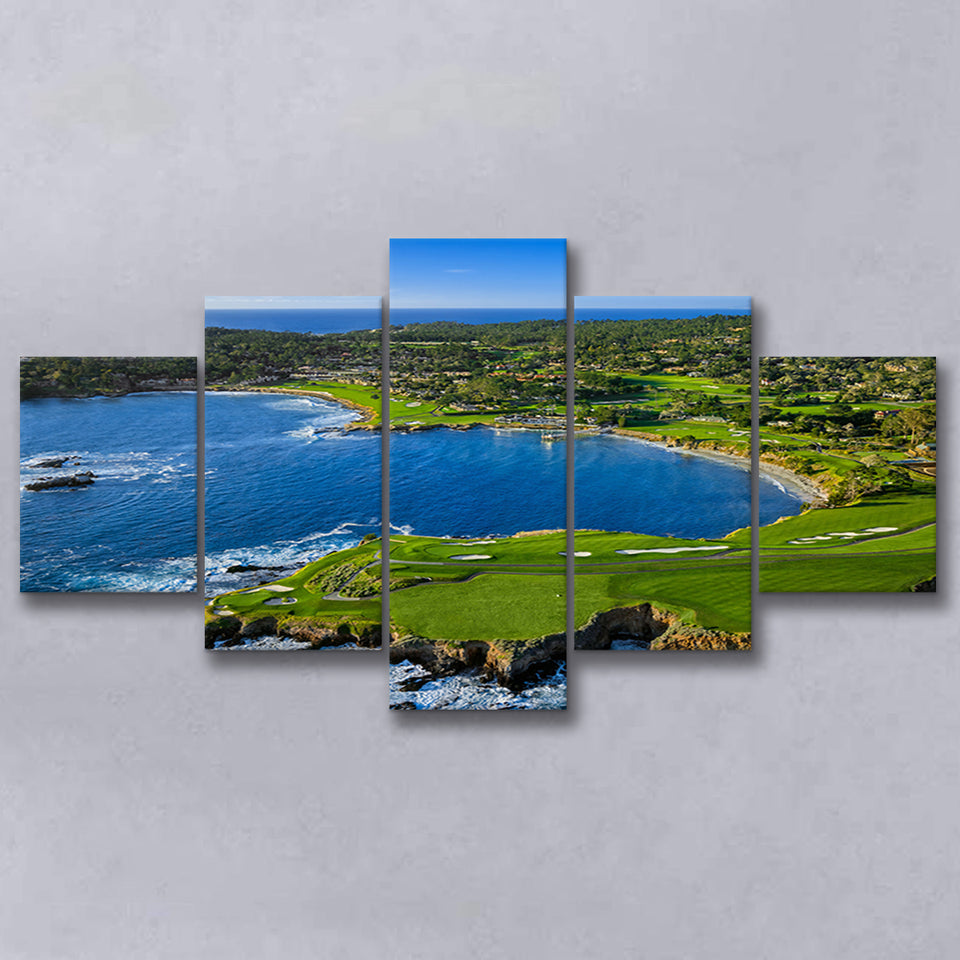 Pebble Beach Golf Links Aerial Hole 7 & 8, Arrowhead Point, Pebble Beach, California,5 Panels Canvas Prints Wall Art Decor