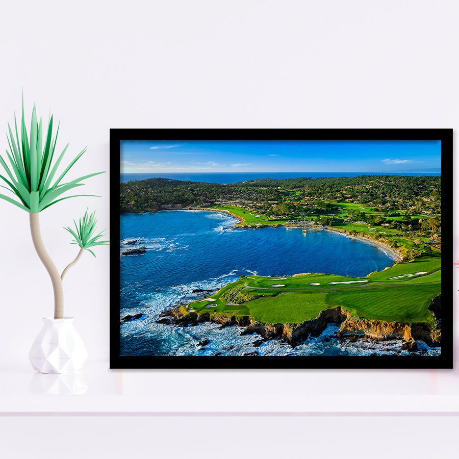 Pebble Beach Golf Links Aerial Hole 7 & 8, Arrowhead Point, Pebble Beach, California, Golf Sport Print, Framed Art Prints Home Decor