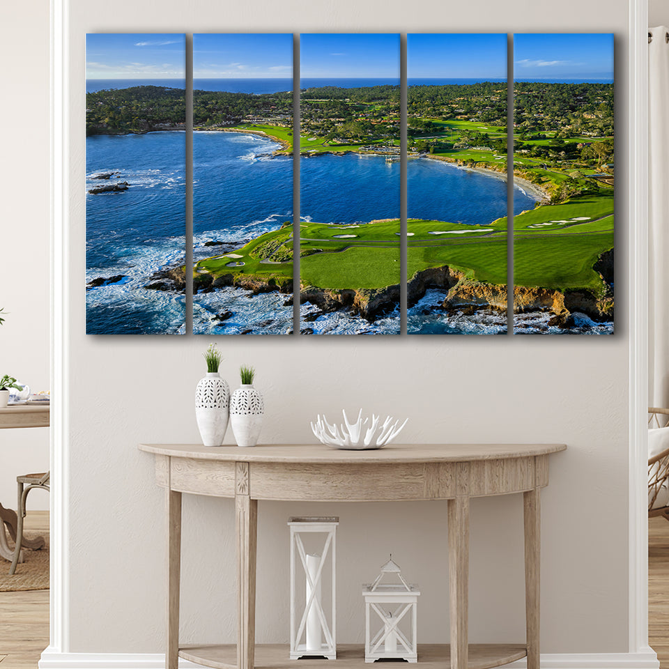 Pebble Beach Golf Links Aerial Hole 7 & 8, Arrowhead Point, California, 5 Panels Extra Large Canvas Prints Wall Art