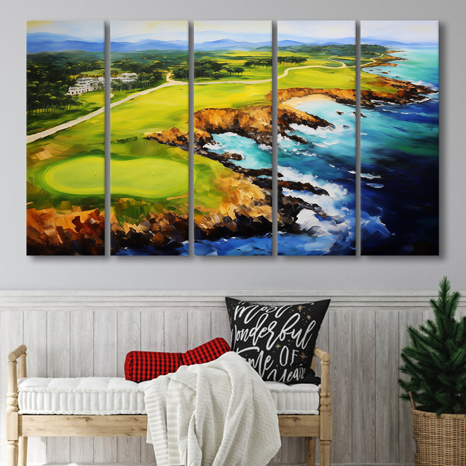 Pebble Beach Golf Links Aerial Painting Art,5 Panel Extra Large Canvas Prints Wall Art Decor
