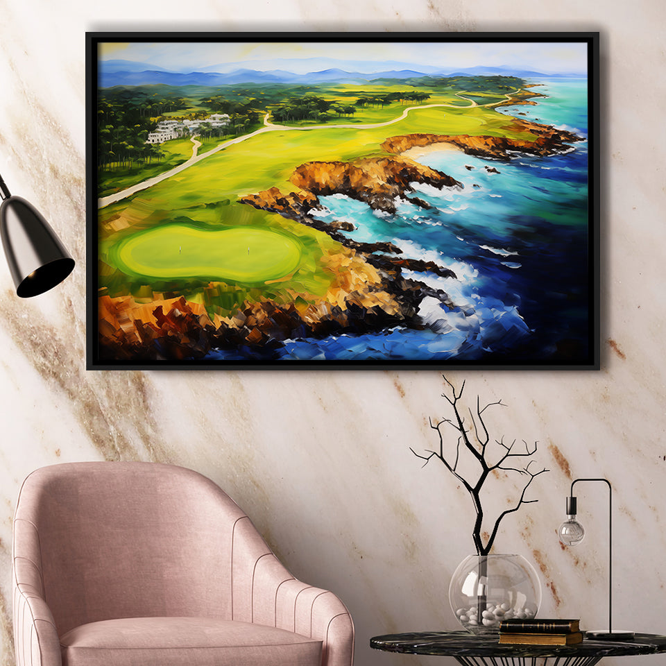 Pebble Beach Golf Links Aerial Painting Art, Framed Canvas Prints Wall Art Decor, Floating Frame