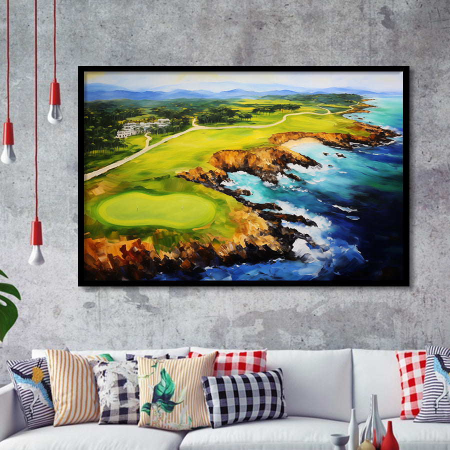 Pebble Beach Golf Links Aerial Painting Art Framed Art Prints Wall Decor, Framed Painting Art