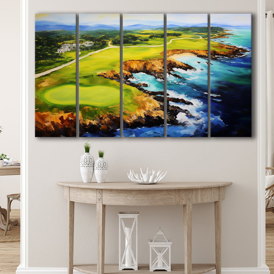 Pebble Beach Golf Links Aerial Painting Art,5 Panel Extra Large Canvas Prints Wall Art Decor