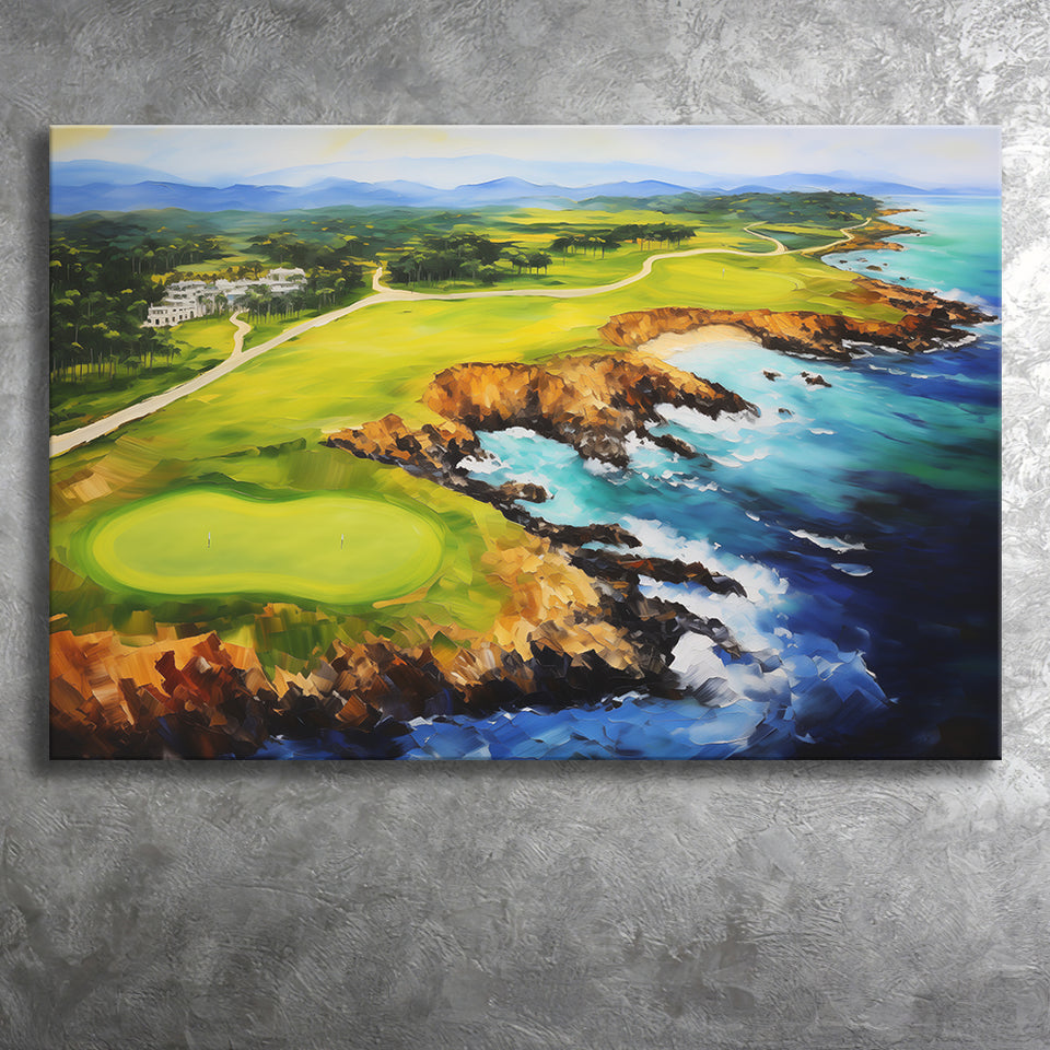 Pebble Beach Golf Links Aerial Painting Art Canvas Prints Wall Art, Painting Art Home Decor