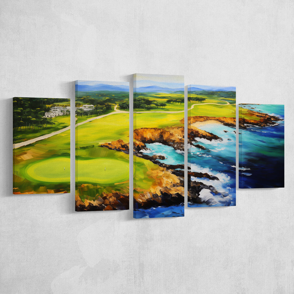 Pebble Beach Golf Links Aerial Painting Art Mixed 5 Panel Large Canvas Prints Wall Art Decor