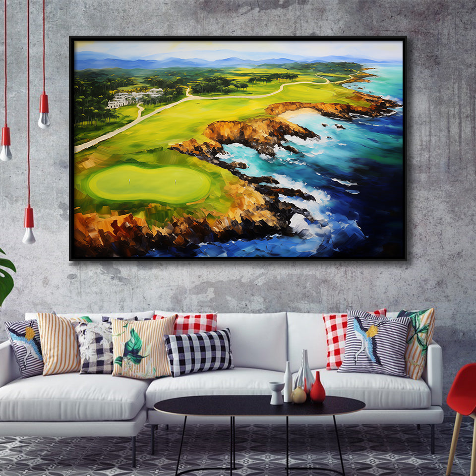 Pebble Beach Golf Links Aerial Painting Art, Framed Canvas Prints Wall Art Decor, Floating Frame