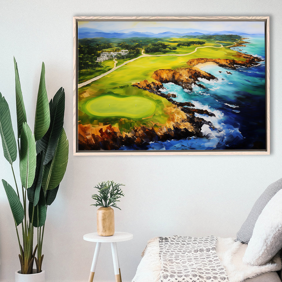 Pebble Beach Golf Links Aerial Painting Art, Framed Canvas Prints Wall Art Decor, Floating Frame
