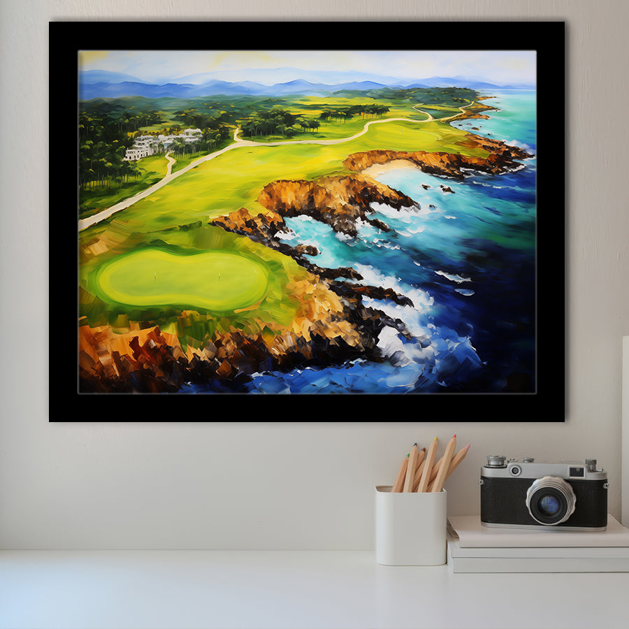 Pebble Beach Golf Links Aerial Painting Art Framed Art Prints Wall Decor, Framed Painting Art