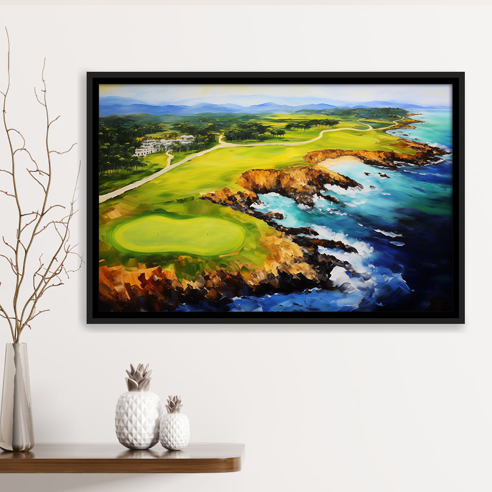 Pebble Beach Golf Links Aerial Painting Art, Framed Canvas Prints Wall Art Decor, Floating Frame