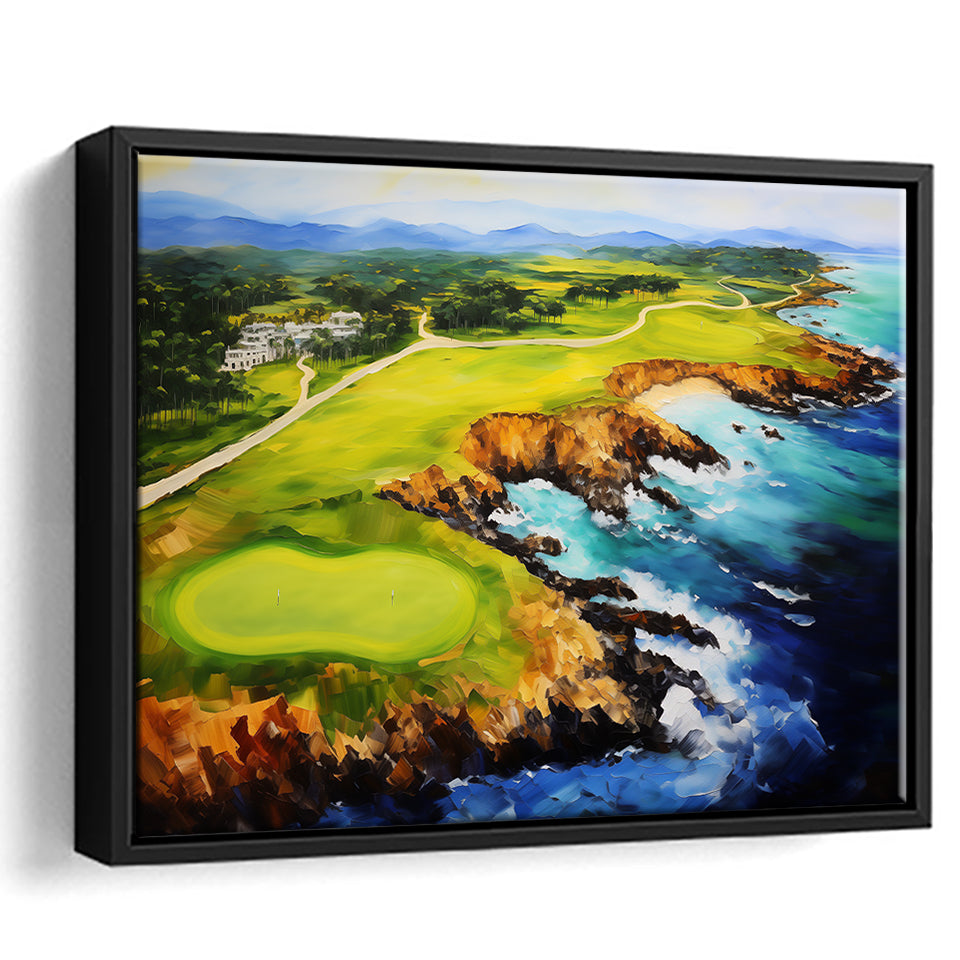 Pebble Beach Golf Links Aerial Painting Art, Framed Canvas Prints Wall Art Decor, Floating Frame