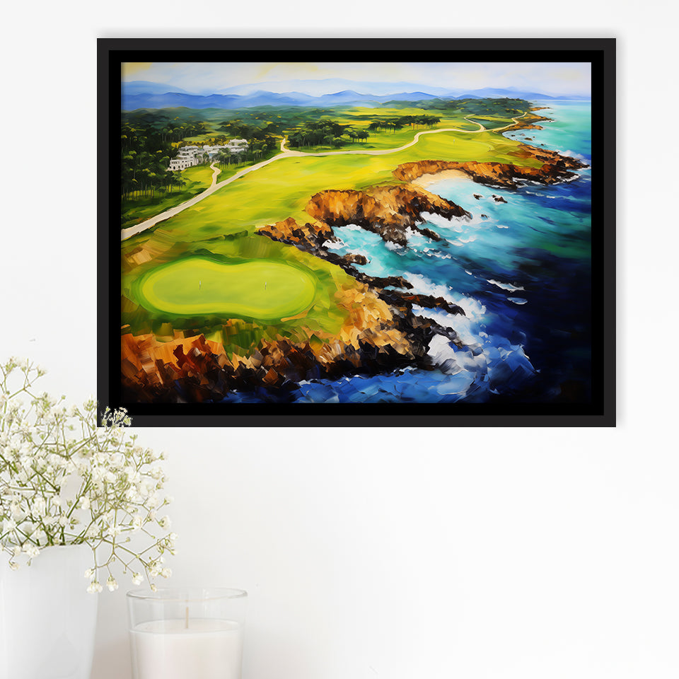 Pebble Beach Golf Links Aerial Painting Art, Framed Canvas Prints Wall Art Decor, Floating Frame
