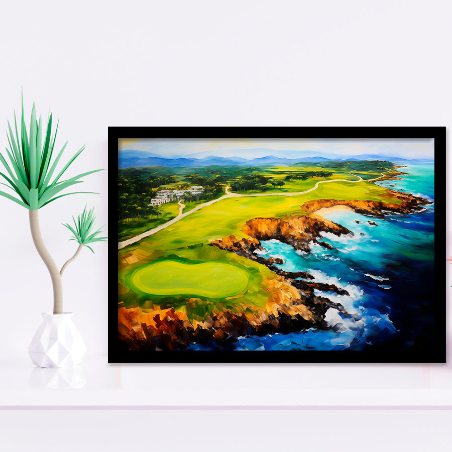 Pebble Beach Golf Links Aerial Painting Art Framed Art Prints Wall Decor, Framed Painting Art