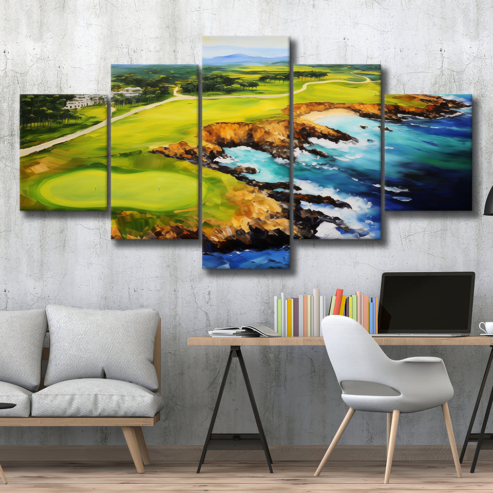 Pebble Beach Golf Links Aerial Painting Art Mixed 5 Panel Large Canvas Prints Wall Art Decor