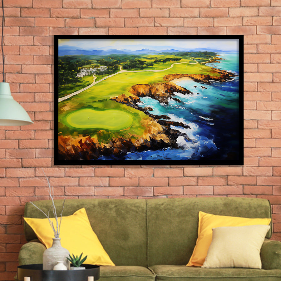 Pebble Beach Golf Links Aerial Painting Art Framed Art Prints Wall Decor, Framed Painting Art