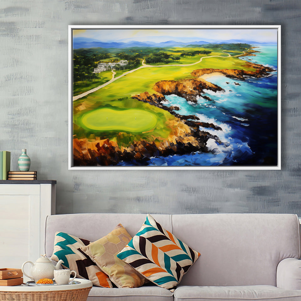 Pebble Beach Golf Links Aerial Painting Art, Framed Canvas Prints Wall Art Decor, Floating Frame