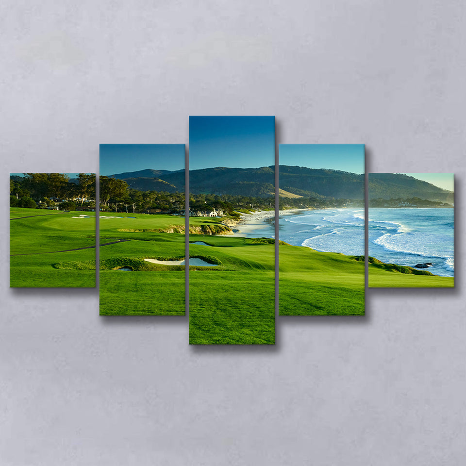 Pebble Beach Golf Links Hole 09 Perfect Set, Pebble Beach, California, Golf Art Print, 5 Panels Canvas Prints Wall Art Decor