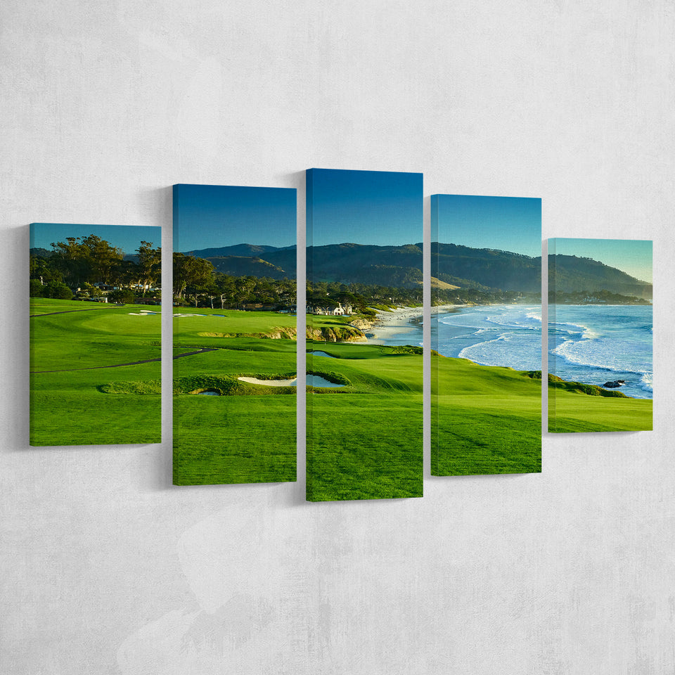 Pebble Beach Golf Links Hole 09 Perfect Set, Pebble Beach, California, Golf Art Print, 5 Panels Canvas Prints Wall Art Decor