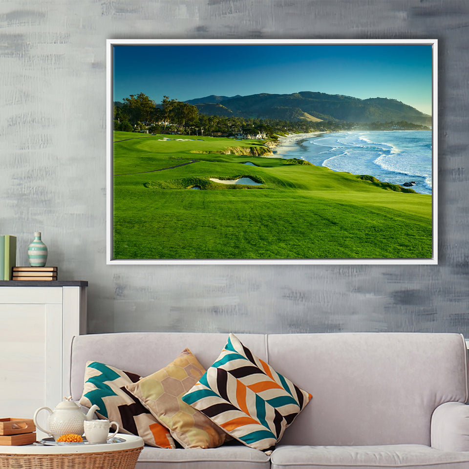 Pebble Beach Golf Links Hole 09 Perfect Set, Pebble Beach, California, Framed Canvas Prints Wall Art Decor, Floating Frame