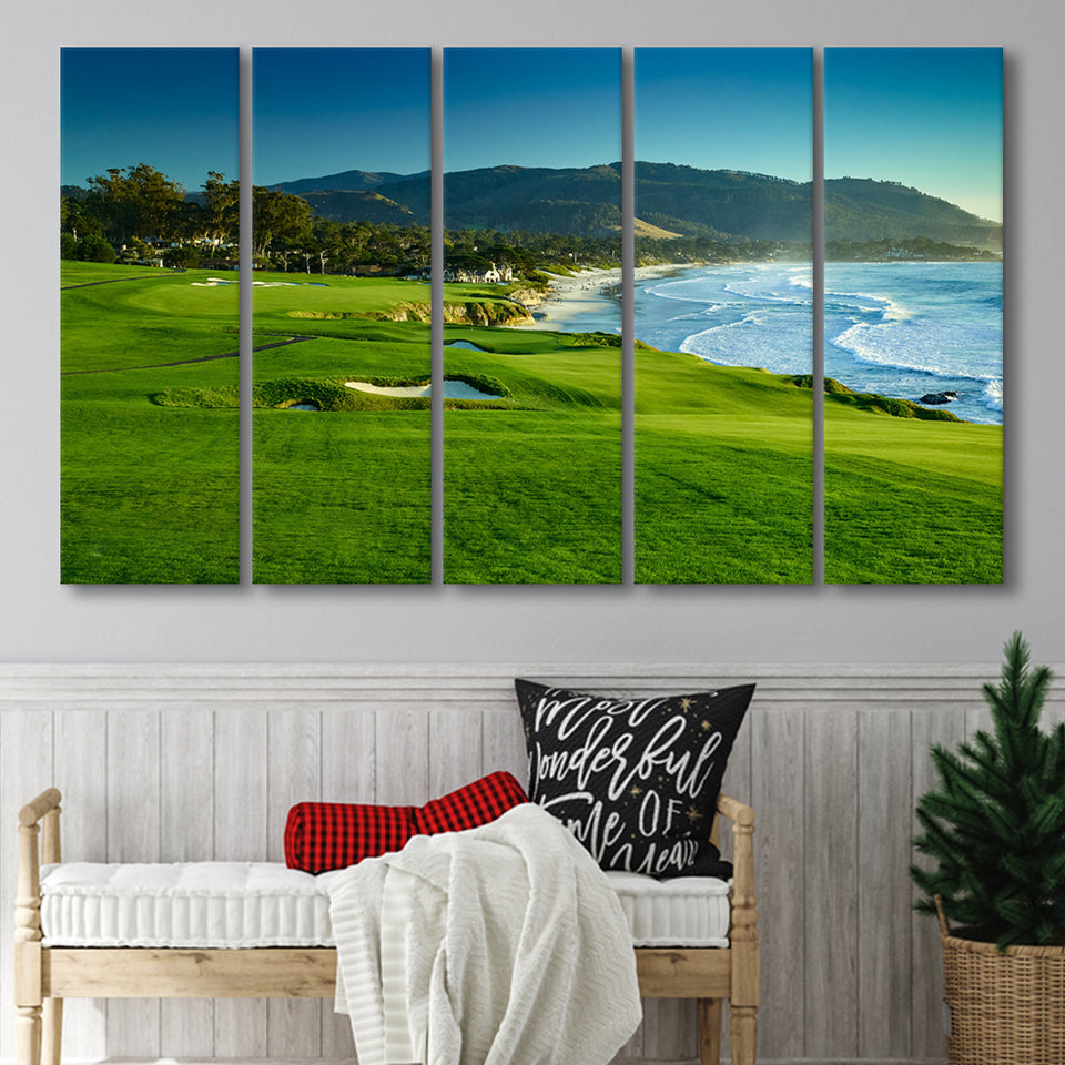 Pebble Beach Golf Links Hole 09 Perfect Set, Pebble Beach, California, 5 Panels Extra Large Canvas Prints Wall Art Decor