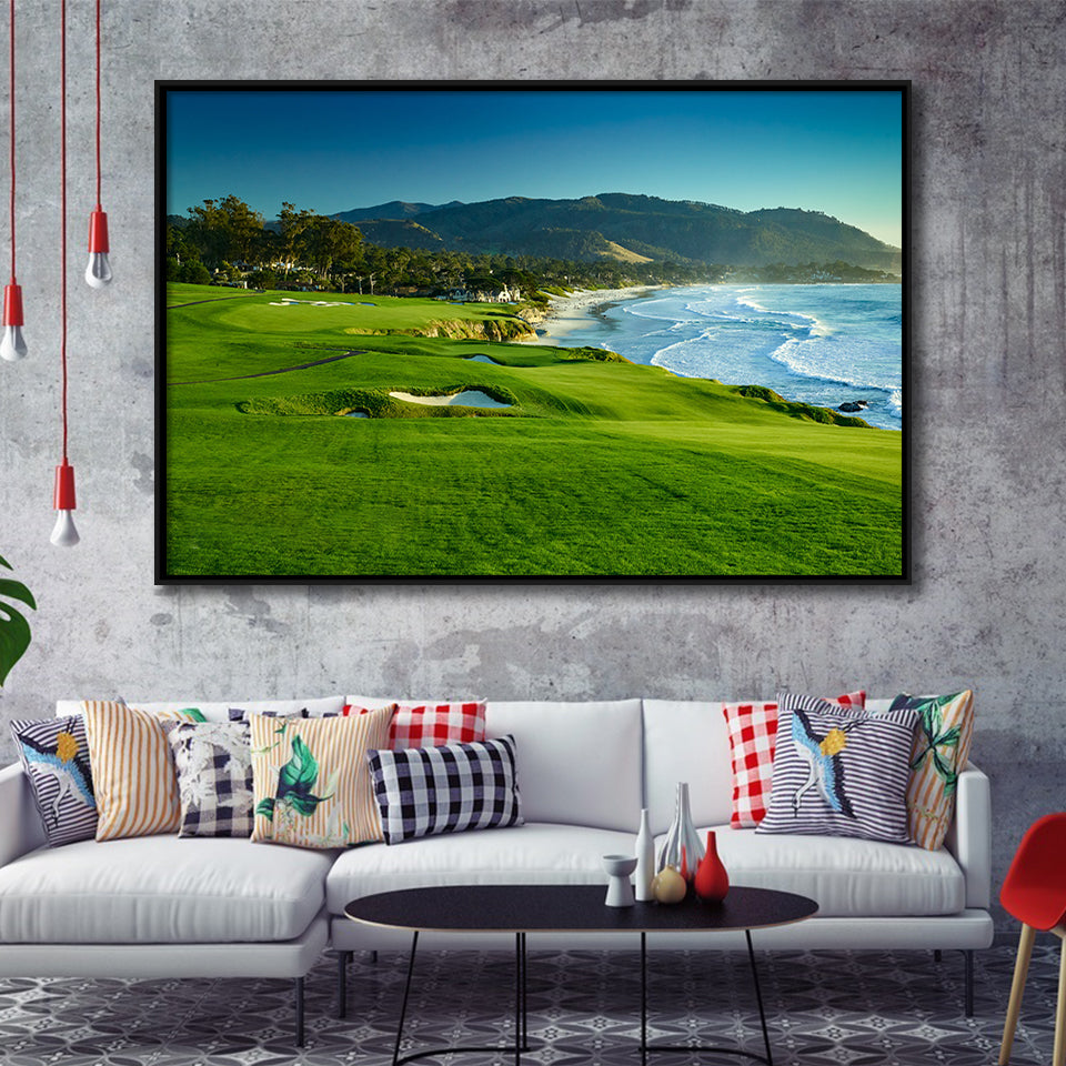 Pebble Beach Golf Links Hole 09 Perfect Set, Pebble Beach, California, Framed Canvas Prints Wall Art Decor, Floating Frame