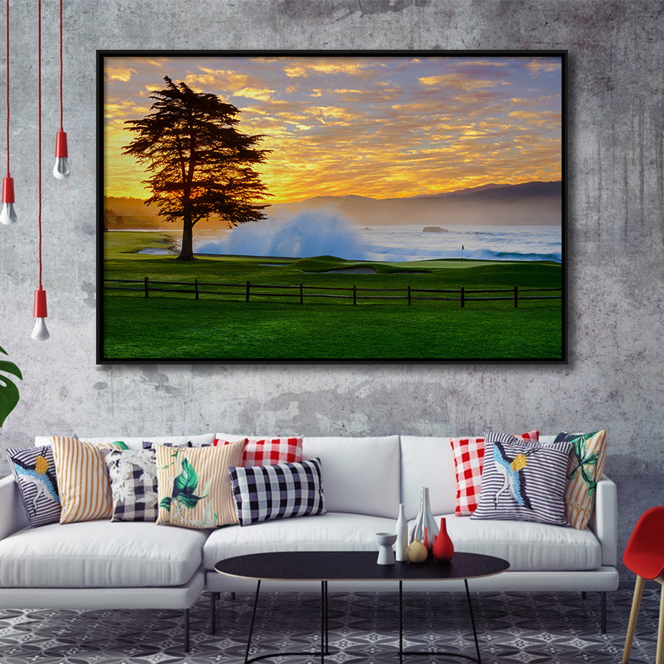 Pebble Beach Golf Links Hole 18, Awakening, Pebble Beach, California,  Framed Canvas Prints Wall Art Decor, Floating Frame