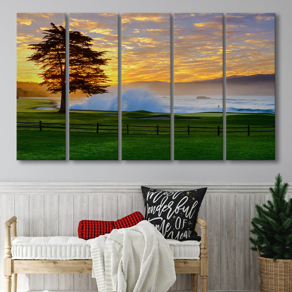 Pebble Beach Golf Links Hole 18, Awakening, Pebble Beach, California, 5 Panels Extra Large Canvas Prints Wall Art Decor