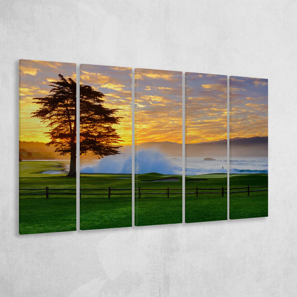 Pebble Beach Golf Links Hole 18, Awakening, Pebble Beach, California, 5 Panels Extra Large Canvas Prints Wall Art Decor
