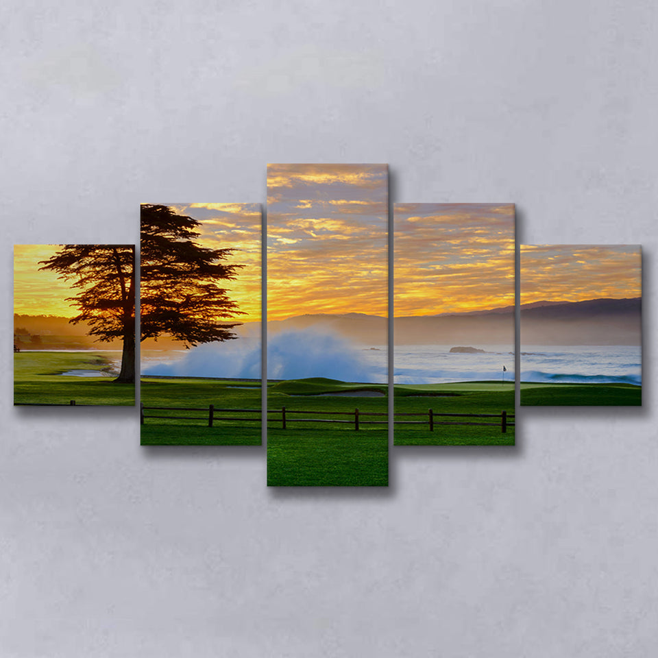 Pebble Beach Golf Links Hole 18, Awakening, Pebble Beach, California, Golf Art Print, 5 Panels Canvas Prints Wall Art Decor