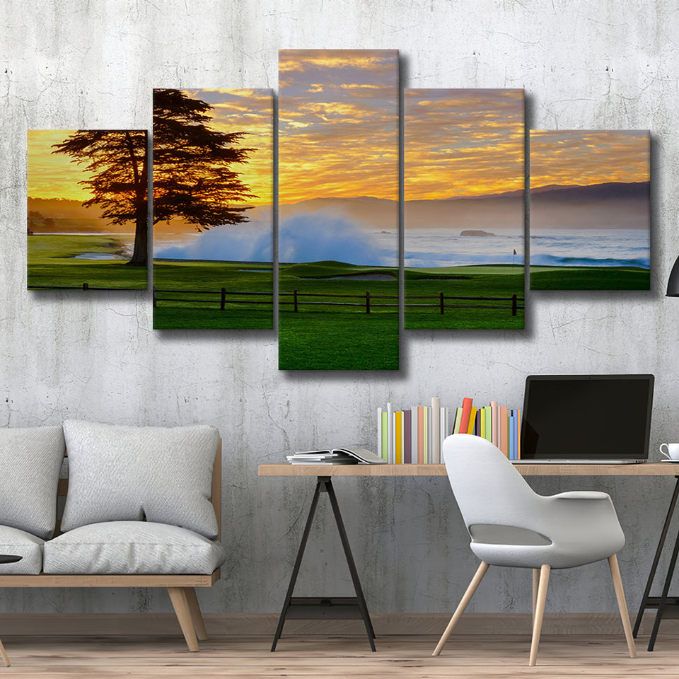 Pebble Beach Golf Links Hole 18, Awakening, Pebble Beach, California, Golf Art Print, 5 Panels Canvas Prints Wall Art Decor