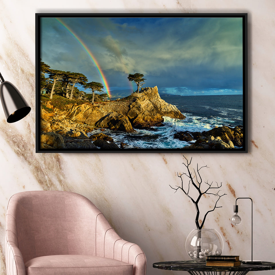 Pebble Beach Golf Links Lone Cypress Pot Of Gold, Pebble Beach, California, Framed Canvas Prints Wall Art Decor, Floating Frame